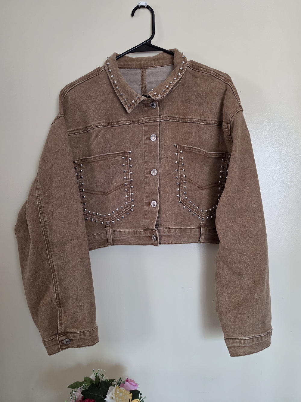 Jeans Stud-Embellished Brown Cropped Denim Jacket - Women Size L - Picture 2 of 5